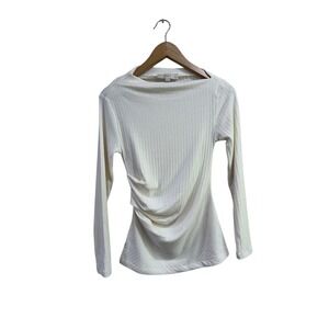 Loft Ribbed Boat Neck Long Sleeve Top Cream Ivory Side Ruched Petite Small SP
